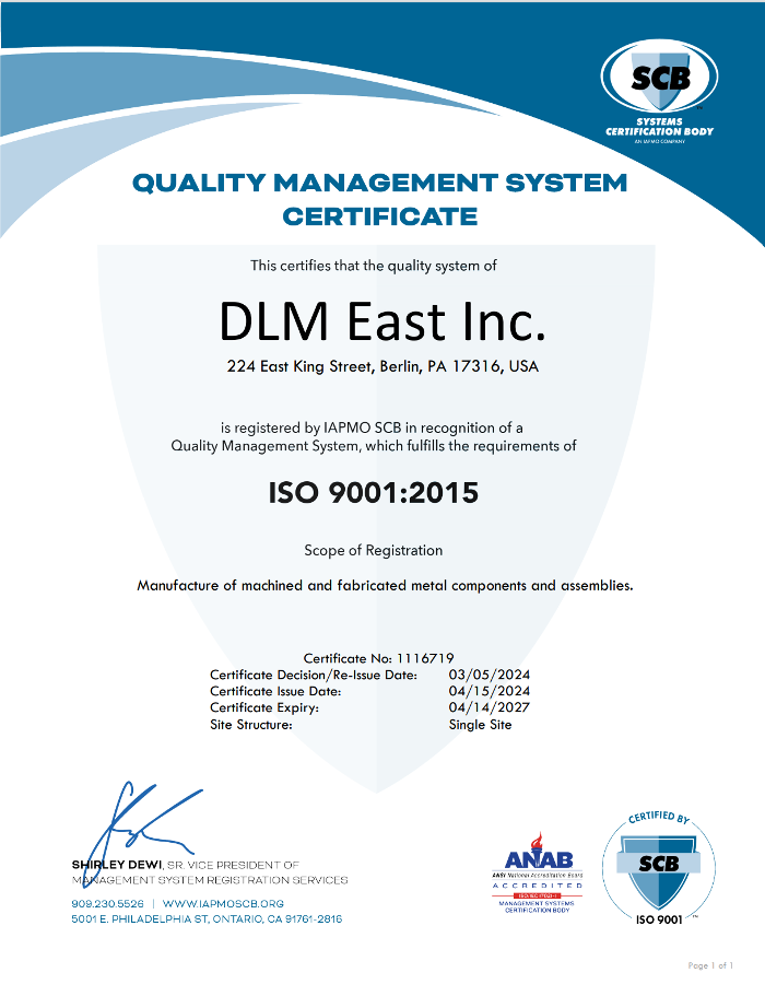 Photo of DLM East Berlin ISO 9001:2015 Certificate